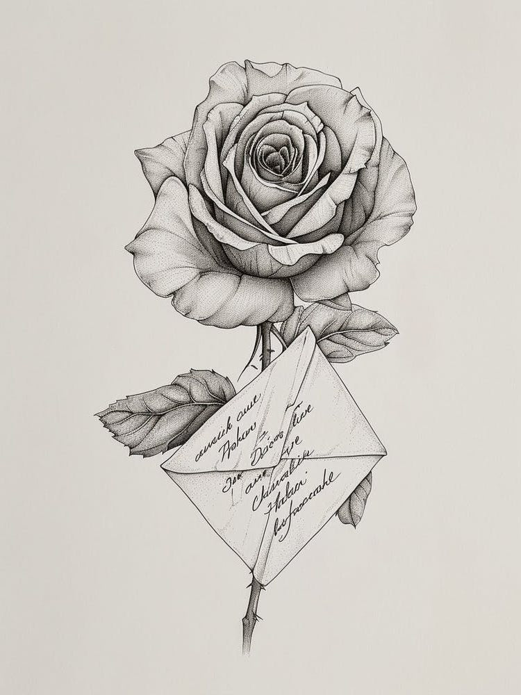 English Rose Love Letter Line Drawing 3
