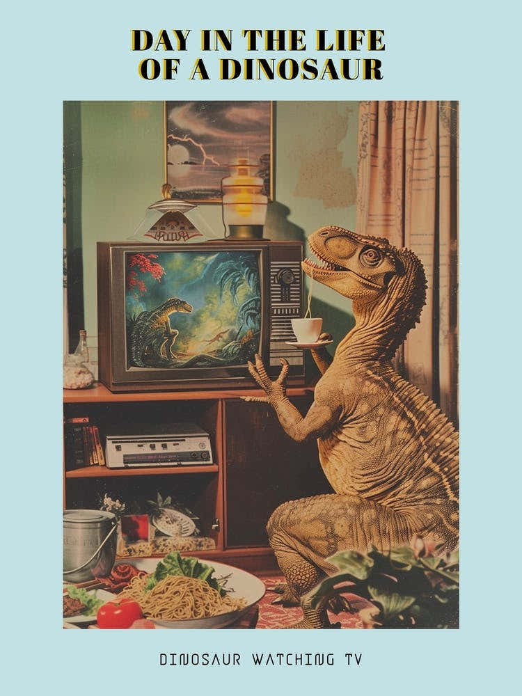 Dinosaur Watching Tv Retro Collage Poster