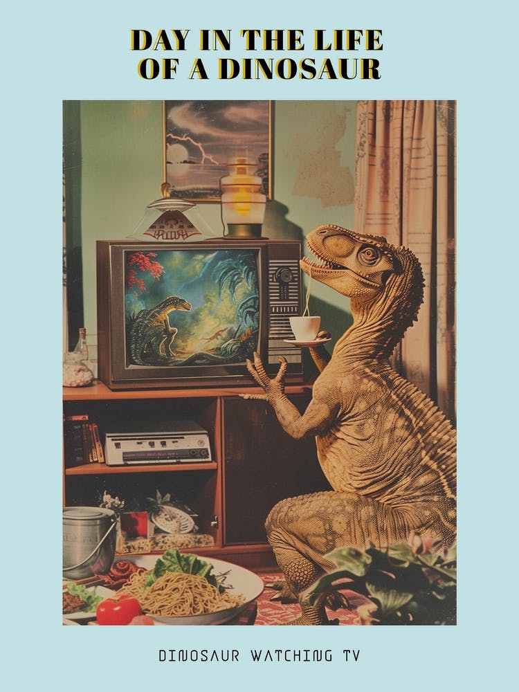Dinosaur Watching Tv Retro Collage Poster