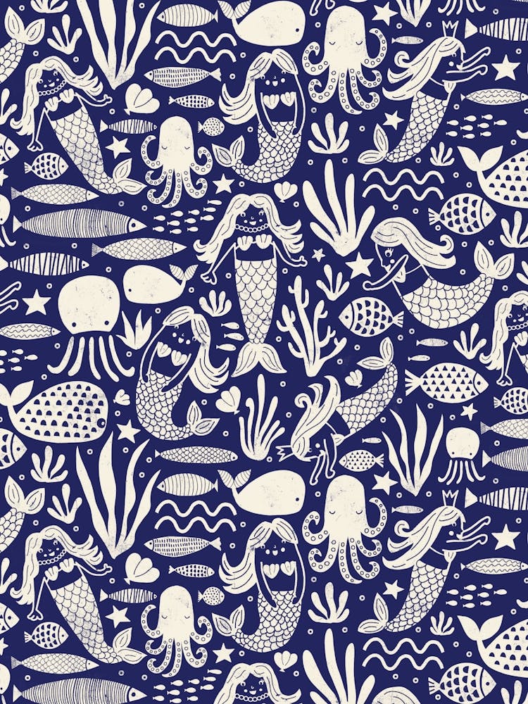 Underwater Mermaids and Sea Life Block Print White on Navy Blue Kids