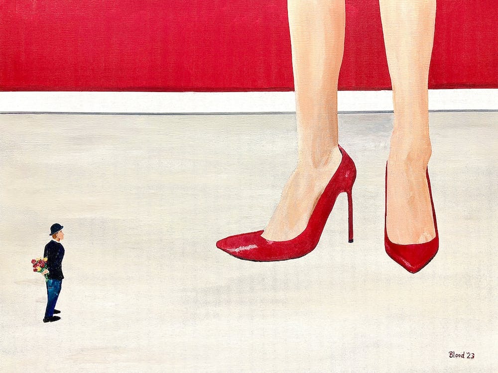 Say It With Flowers Surreal Small Man Apologizing To Giant Woman In Red Heels