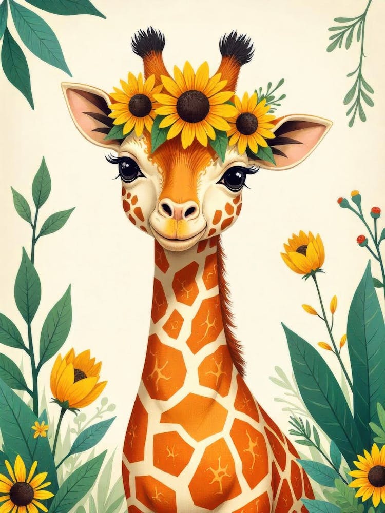 Giraffe With Sunflowers
