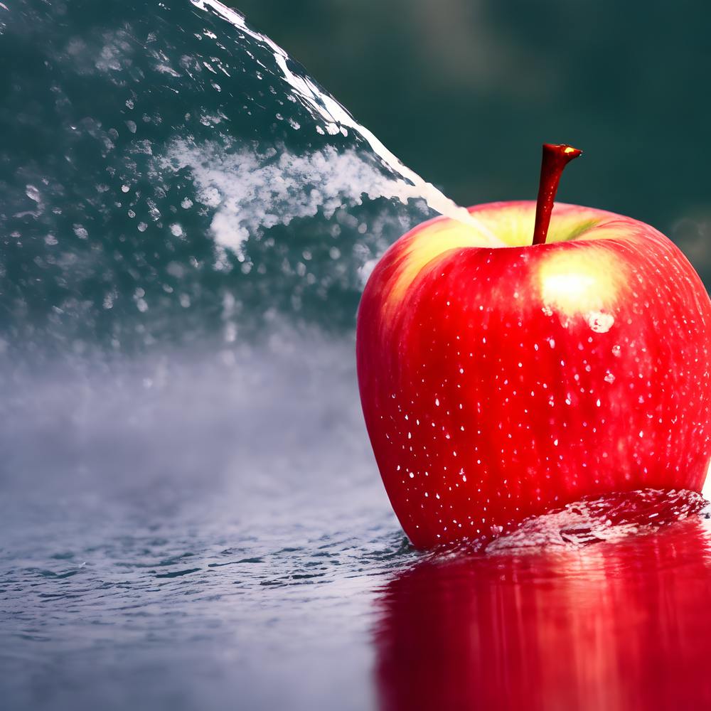 Roter Apfel mit ruhigem Hintergrund und Wasserspritzern (1)