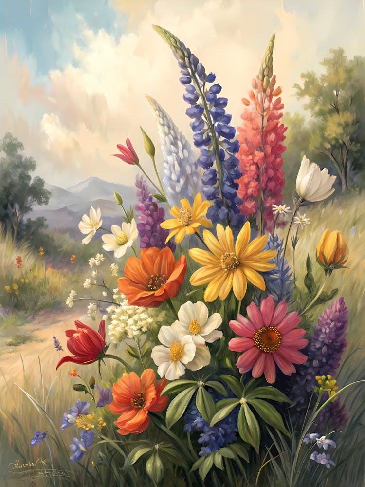 Rainbow Colored Wildflower Arrangement Oil Painting Style
