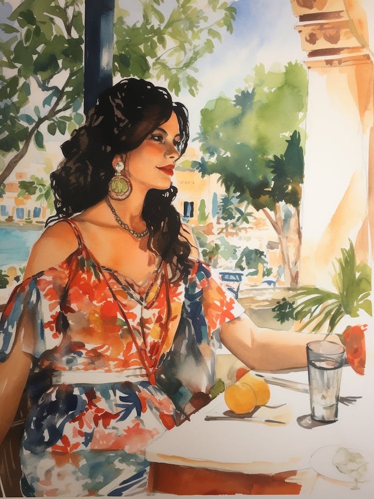 At A Cafe In Ibiza Spain Watercolour