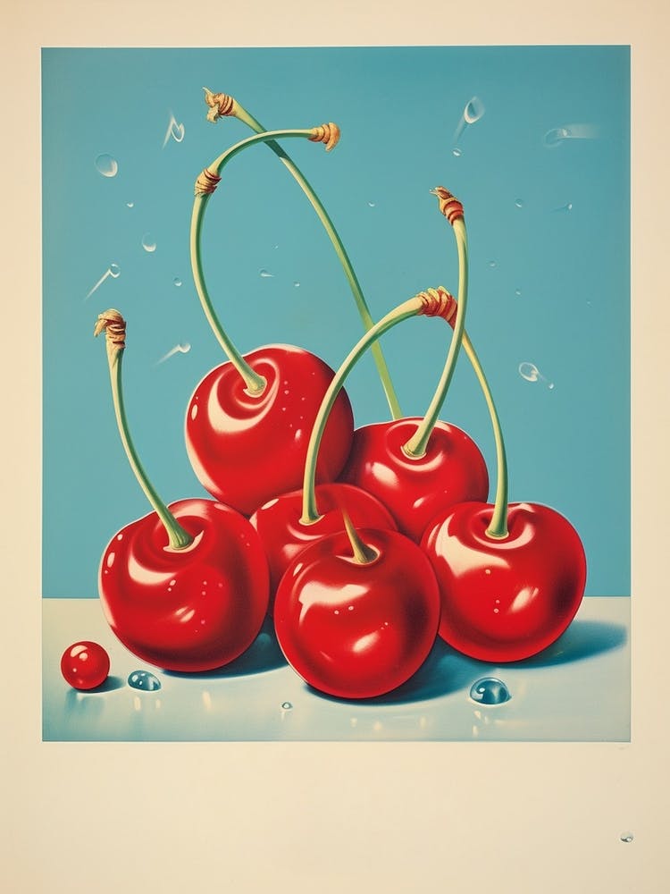 Vintage Cherries Chlak Blue Background  2