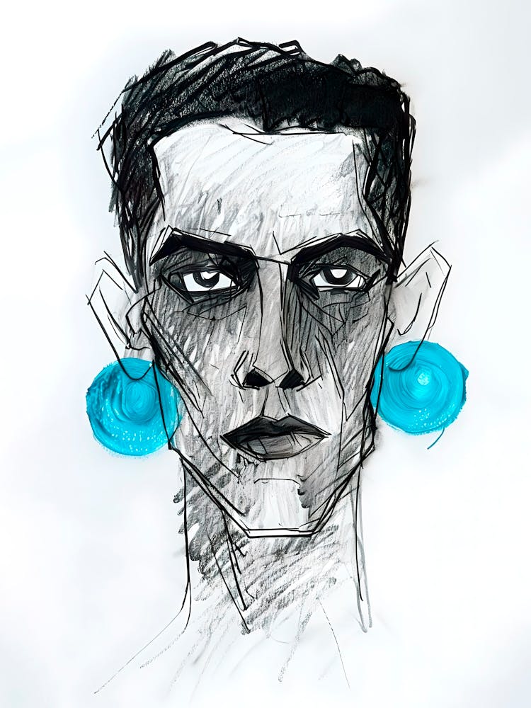 Charcoal Portrait with Turquoise Earrings