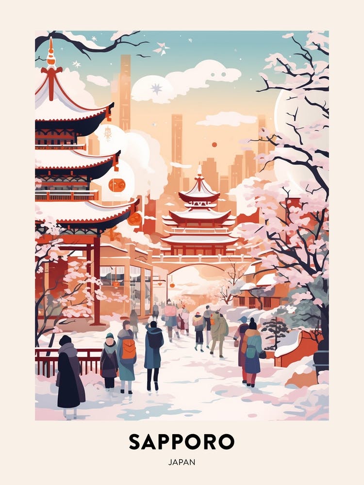 Vintage Winter Travel Poster Sapporo Japan