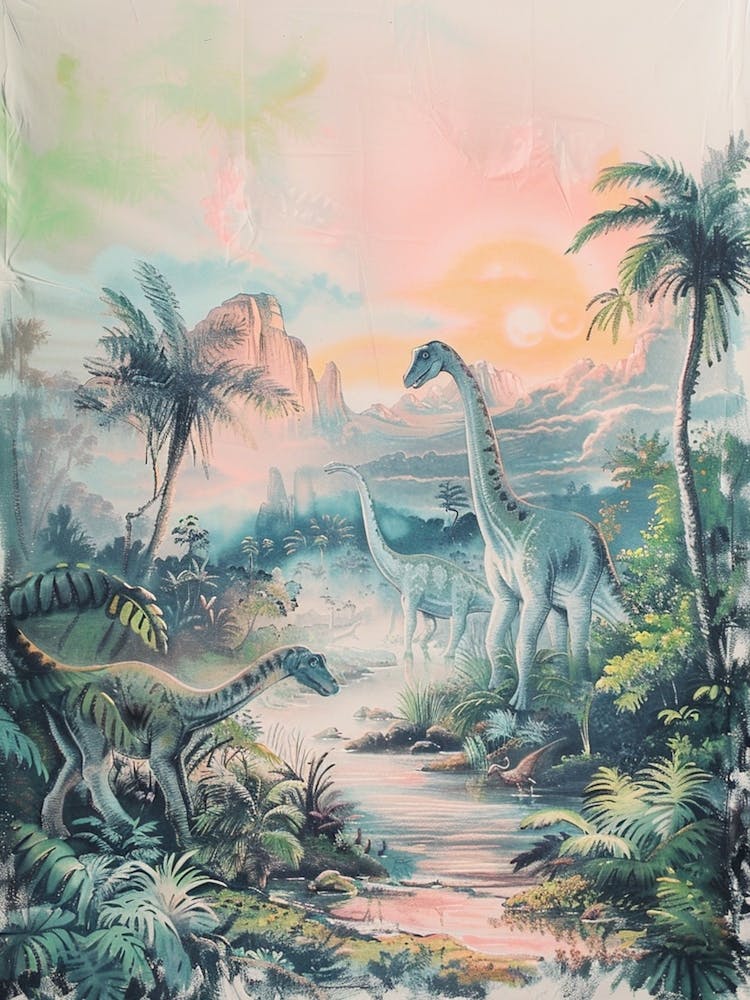 Dinosaur In Jurassic Landscape Vintage Illustration 3