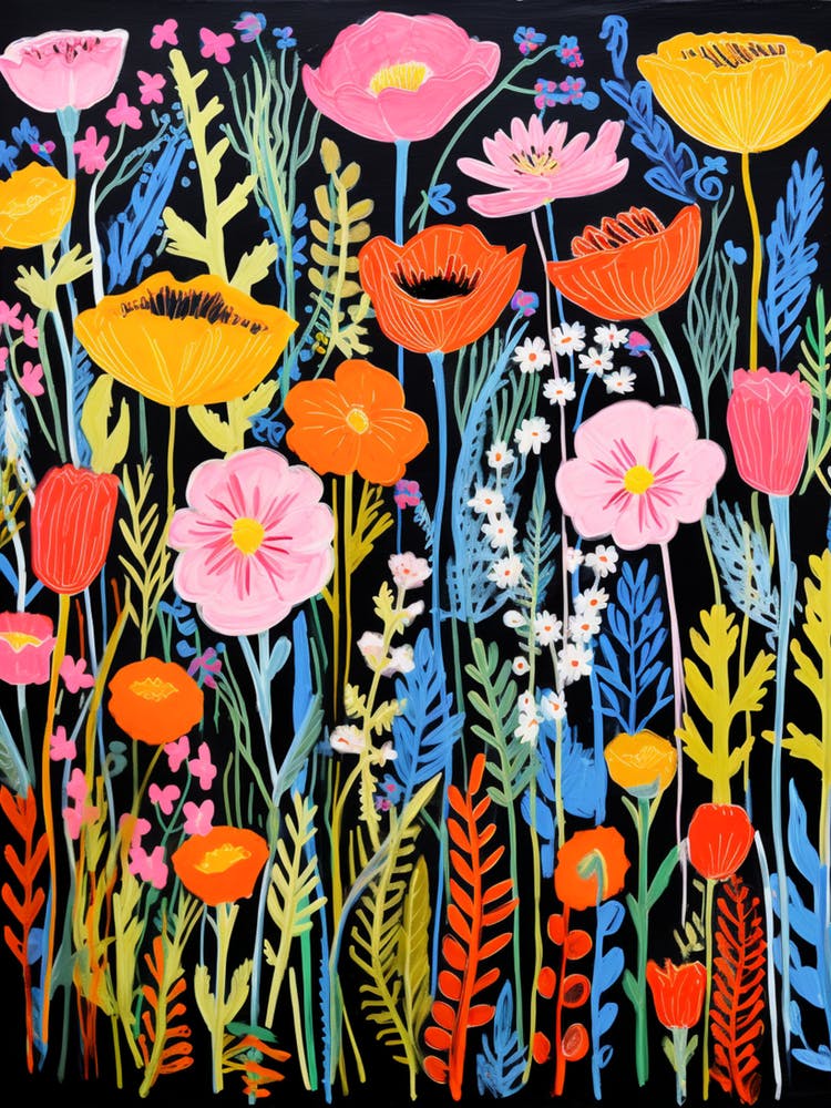 Vibrant Poppies On Black Screen Print