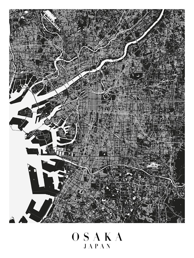 Osaka Japan Minimal Black Mono Street Map