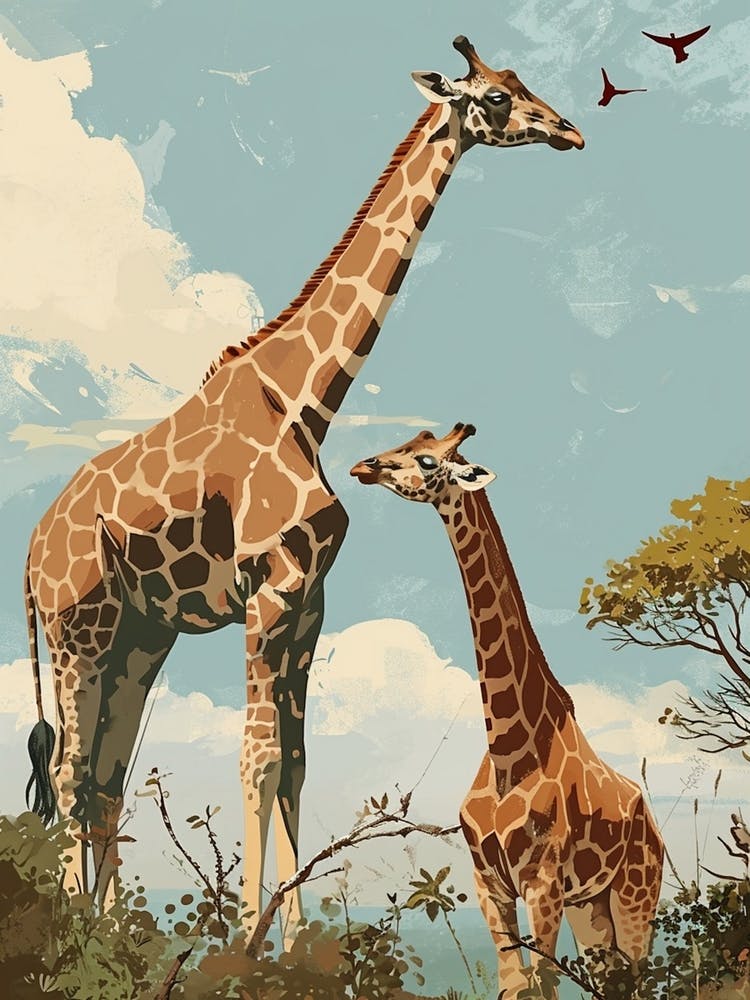 Two Giraffes With The Trees Modern Illustration