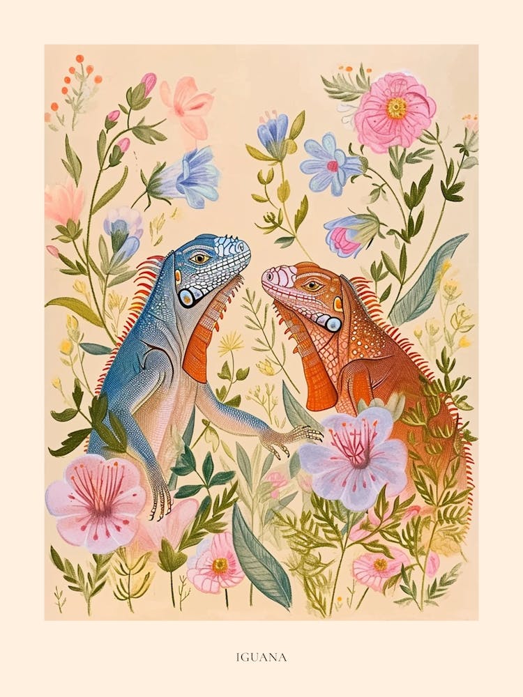 Folkloristische Blumen-Tierzeichnung Leguan 2 Poster