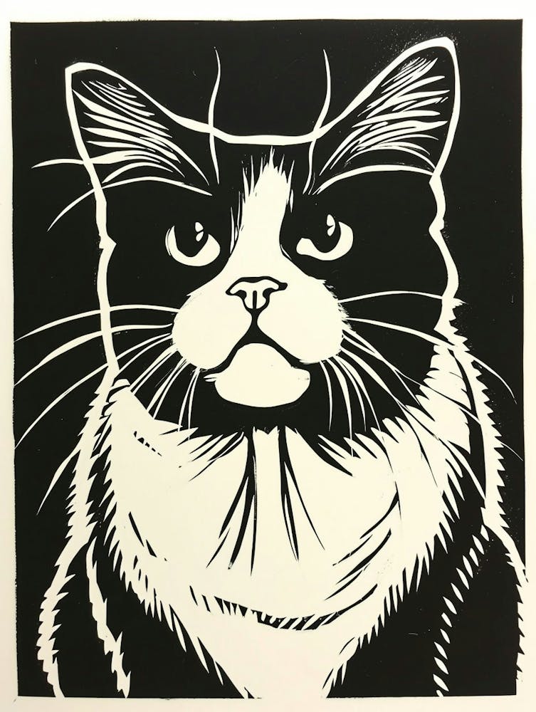 Ragdoll Cat Linocut Blockprint 2