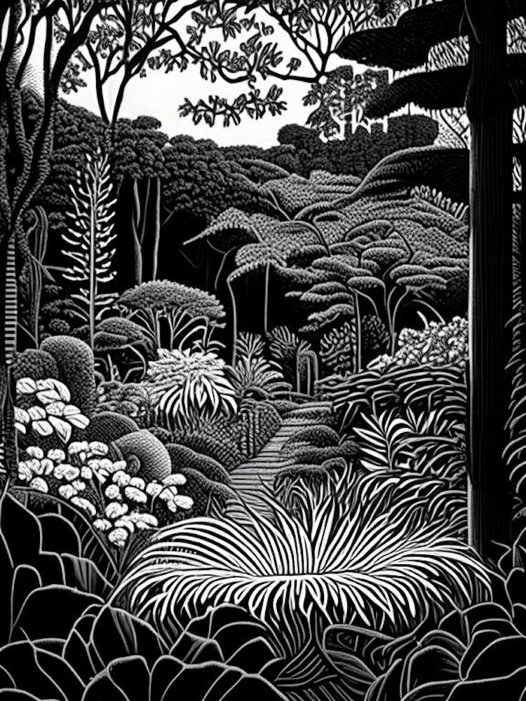 Atlanta Botanical Garden, Usa Linocut Black And White Vintage