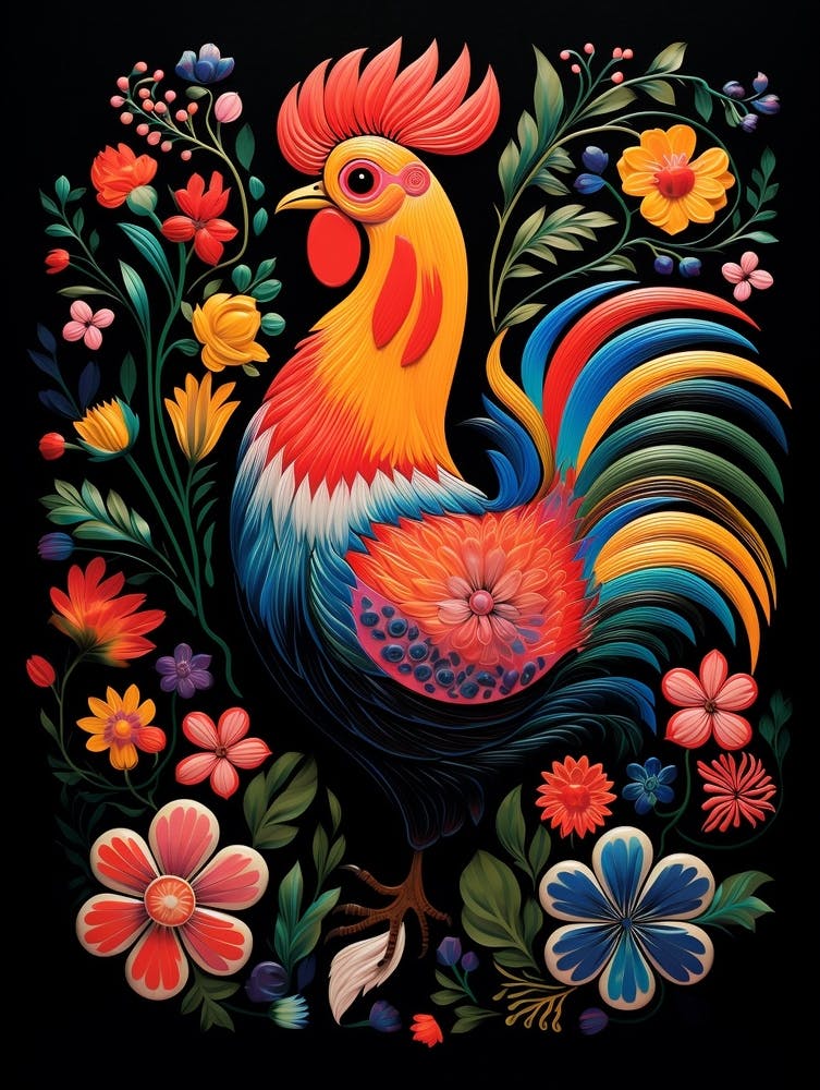 Folk Bird Illustration Rooster 3