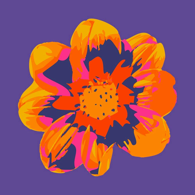COSMIC COSMOS Single Abstract Floral Summer Bright Flower in Fuchsia Pink Orange Yellow on Purple