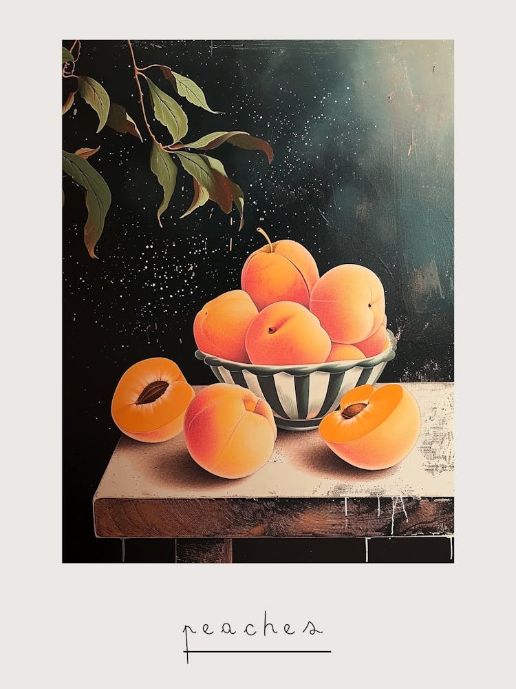 Art Deco Peaches On A Wooden Table Poster