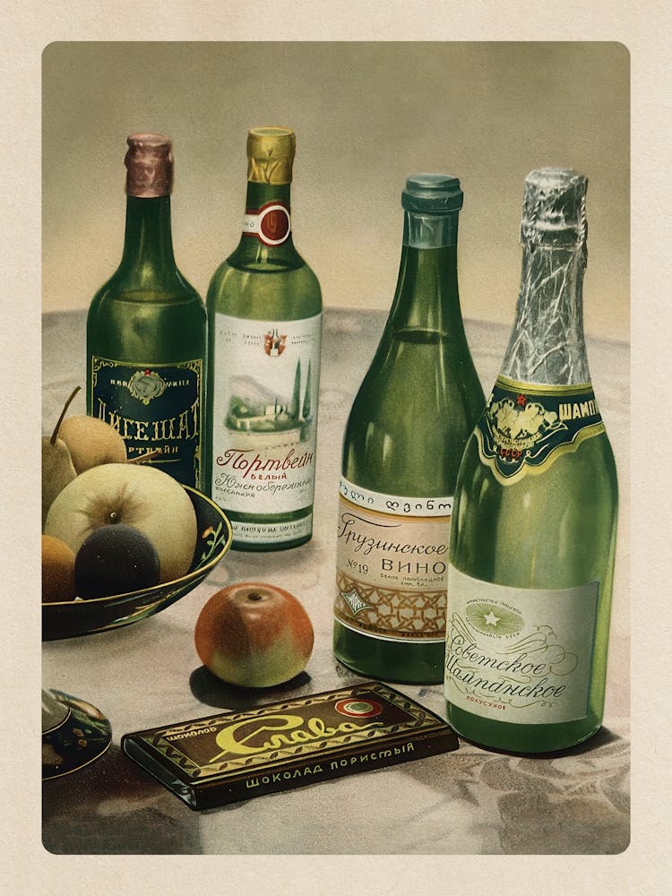 Soviet wine and sparkling wine, USSR 1952 — Soviet vintage food poster, kitchen prints, retro art print, propaganda poster