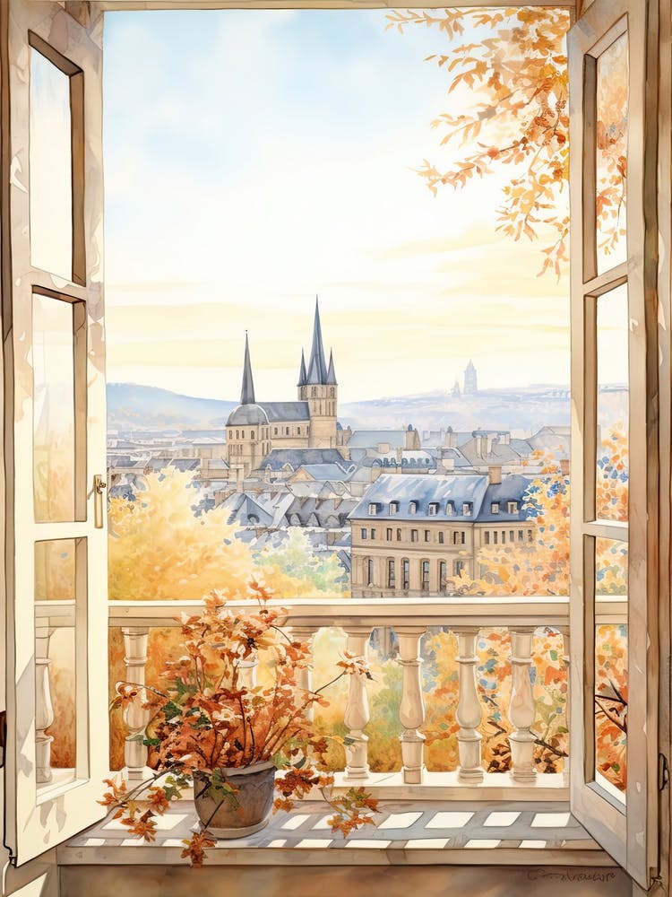 Window View Of Luxembourg City Luxembourg In Autumn Fall, Watercolour 1