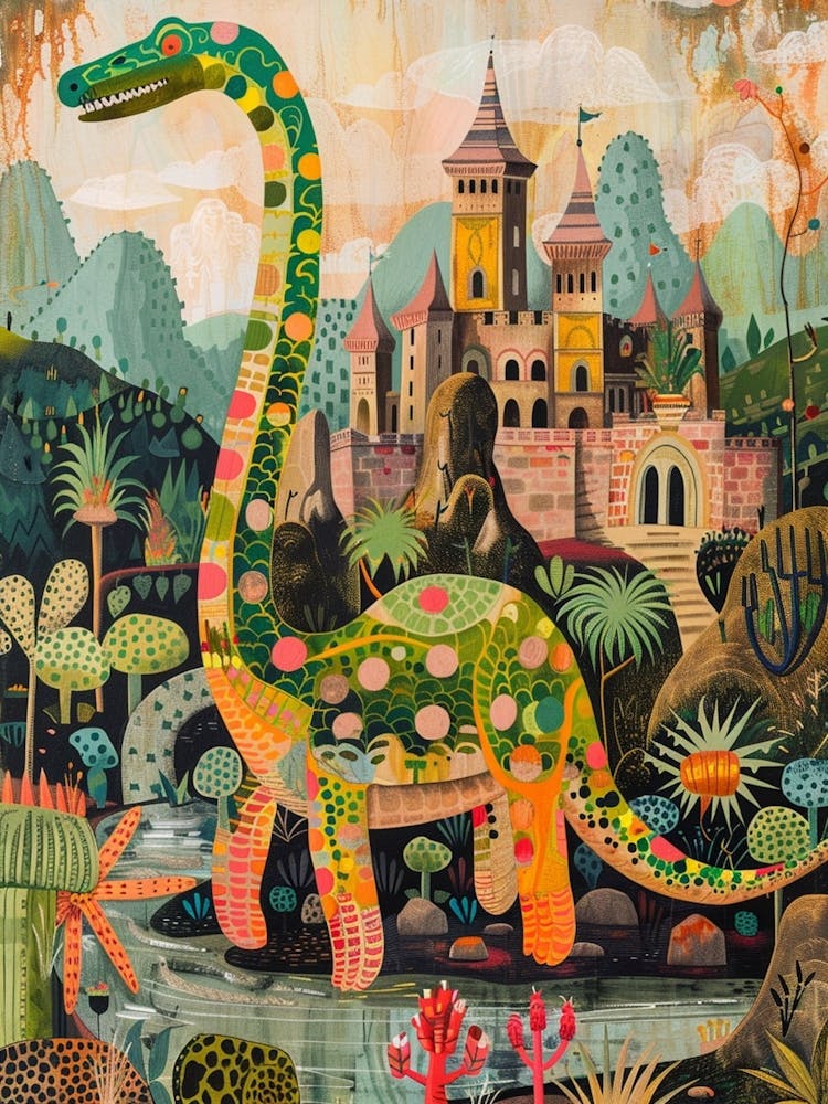 Dinosaur In The Castle Garden Painting 2