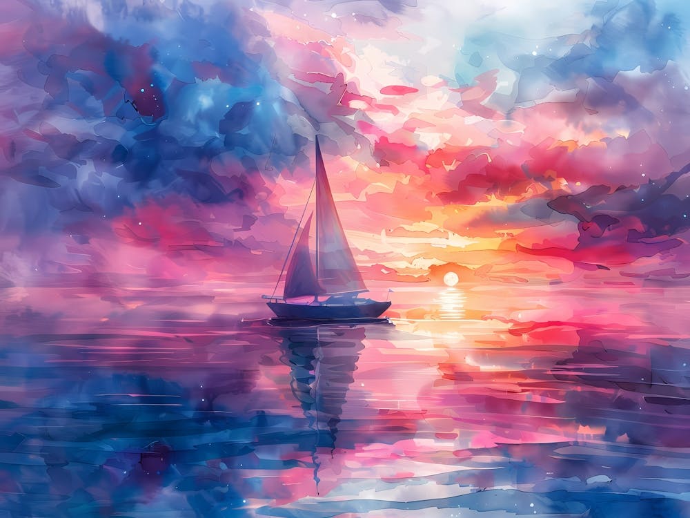 Watercolor Sailboat At Sunset 4