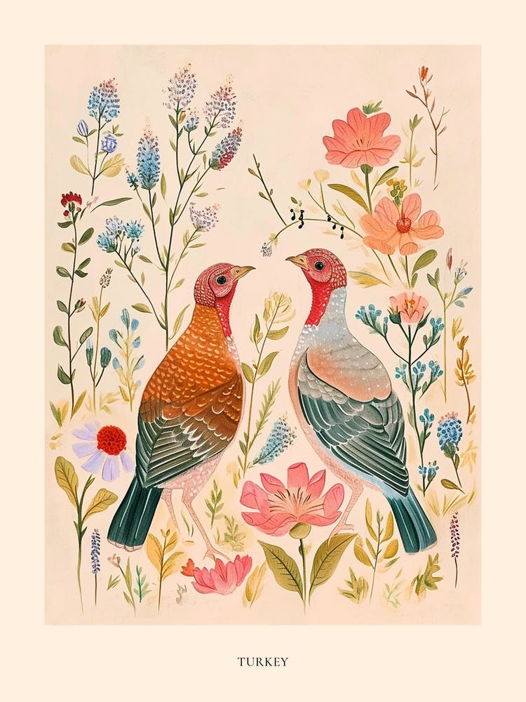 Folksy Floral Animal Drawing Turkey 3 Poster