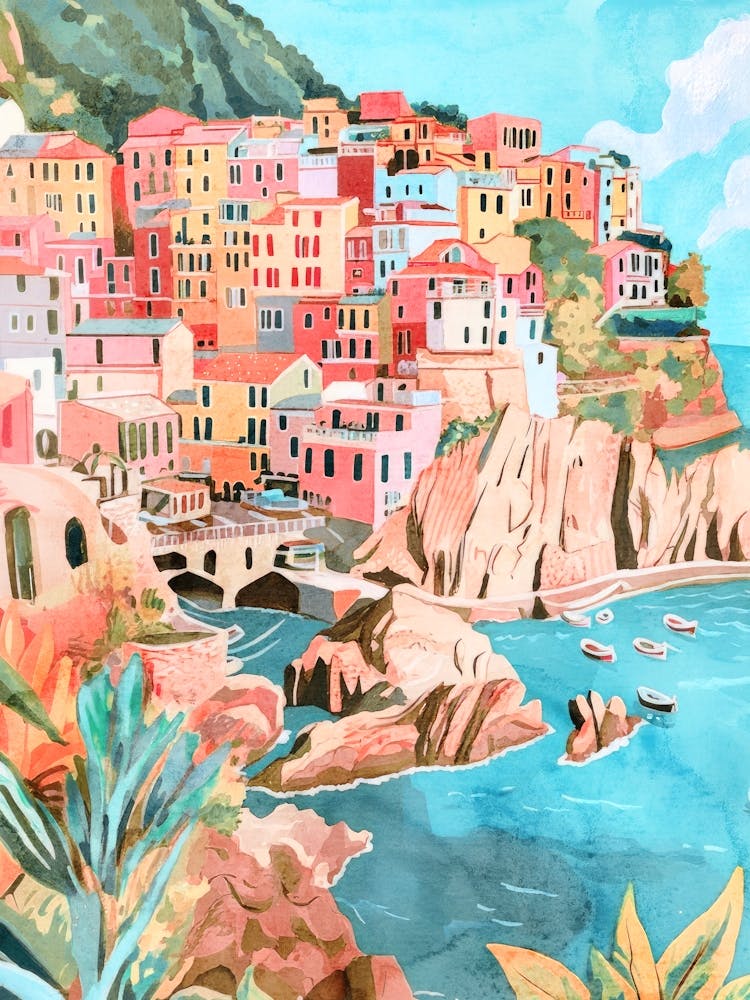 Cinque Terre Travel Poster Colorful Watercolor Illustration Italy Maximalist Decor