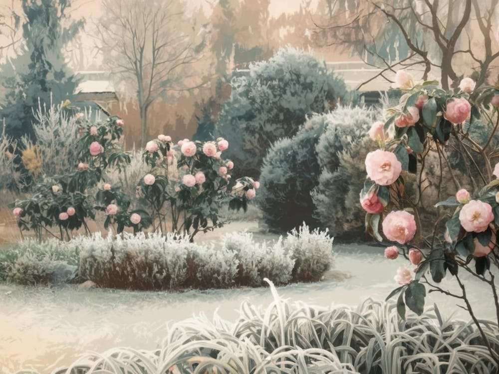 Winter Rose Garden - Frosted Pink Camellias & Evergreen Shrubs