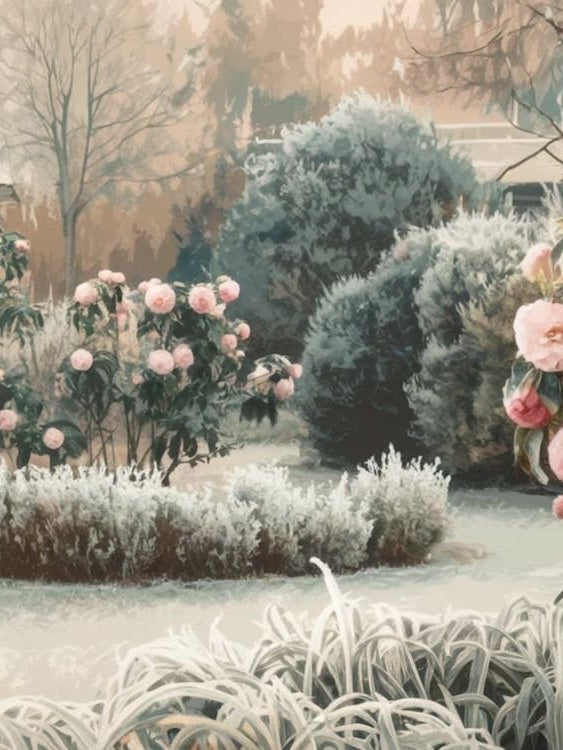 Winter Rose Garden - Frosted Pink Camellias & Evergreen Shrubs