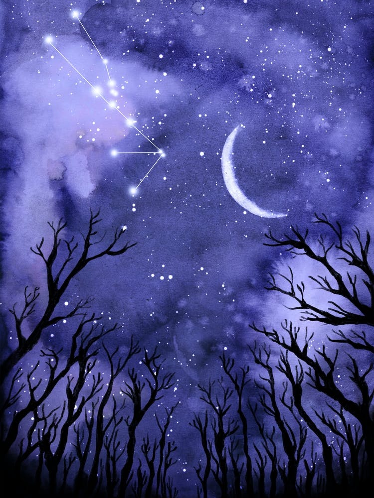 Watercolor Night Sky With Stars - Starry Night and Moon #3