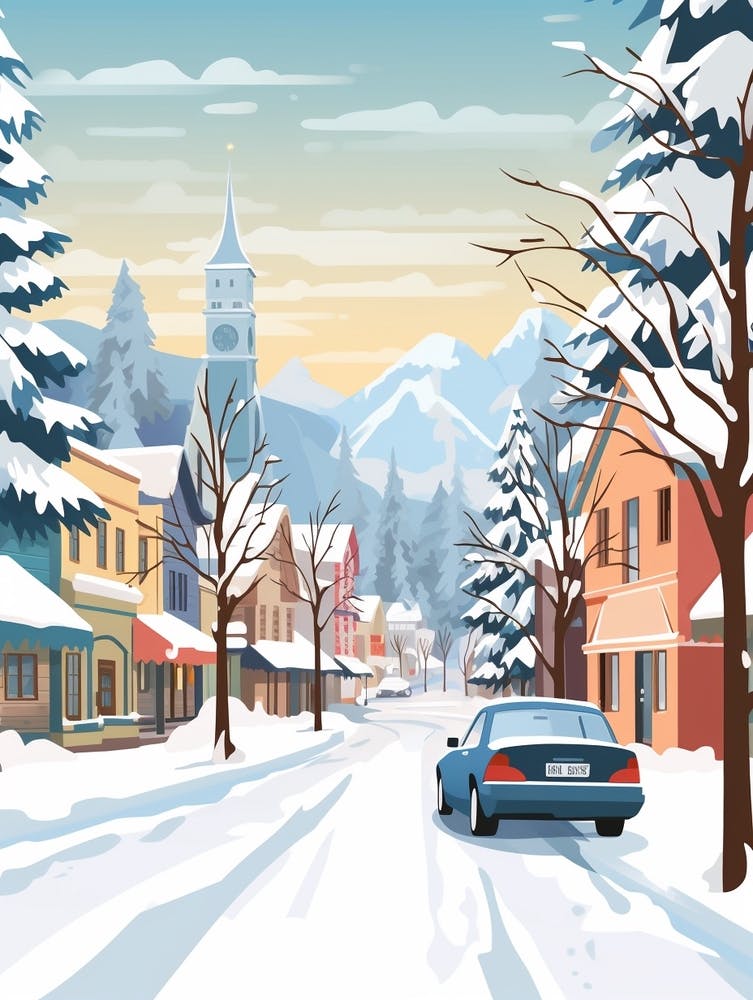 Vintage Winter Travel Illustration Leavenworth Washington 1