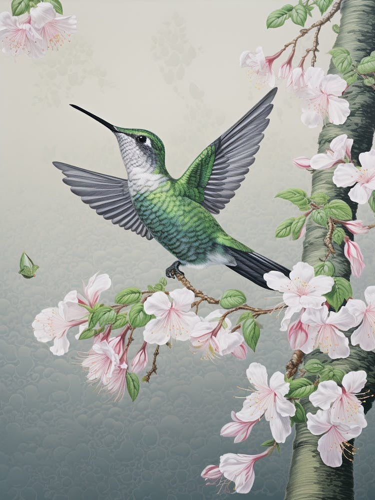 Ohara Koson Inspired Bird Painting Hummingbird 3