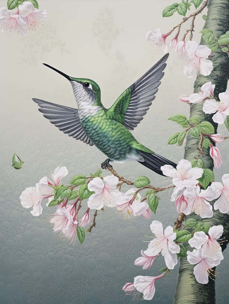 Ohara Koson Inspired Bird Painting Hummingbird 3