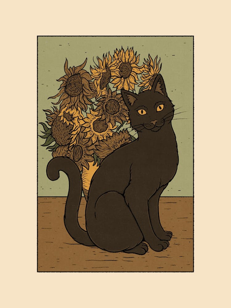 Black Cat And Sunflowers