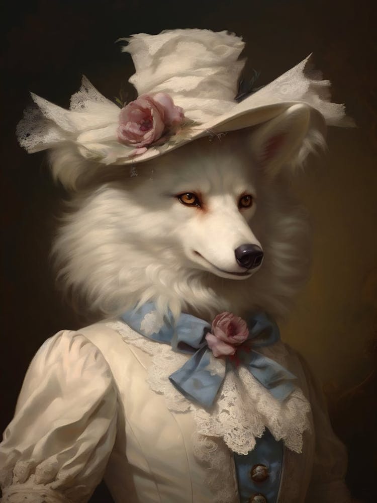 Victorian Animal Portrait, Royal Female White Wolf Vintage Print, Dark Moody Renaissance Animal Poster, Altered Art, Animal Lover Gift