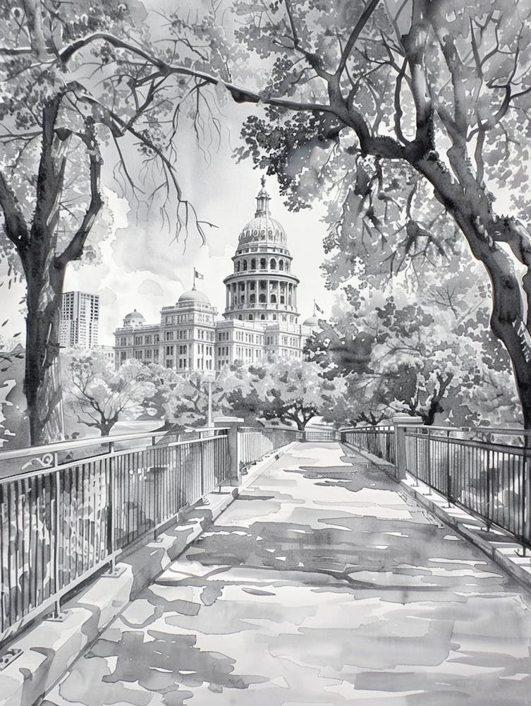 The Texas State Capitol Austin Texas Black And White Watercolour 4
