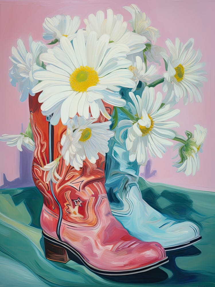 Oil Painting Of White Flowers And Cowboy Boots, Oil Style