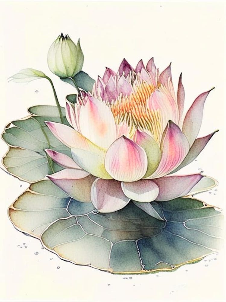 Blooming Lotus Flower In Pond Watercolour Ink Pencil 2