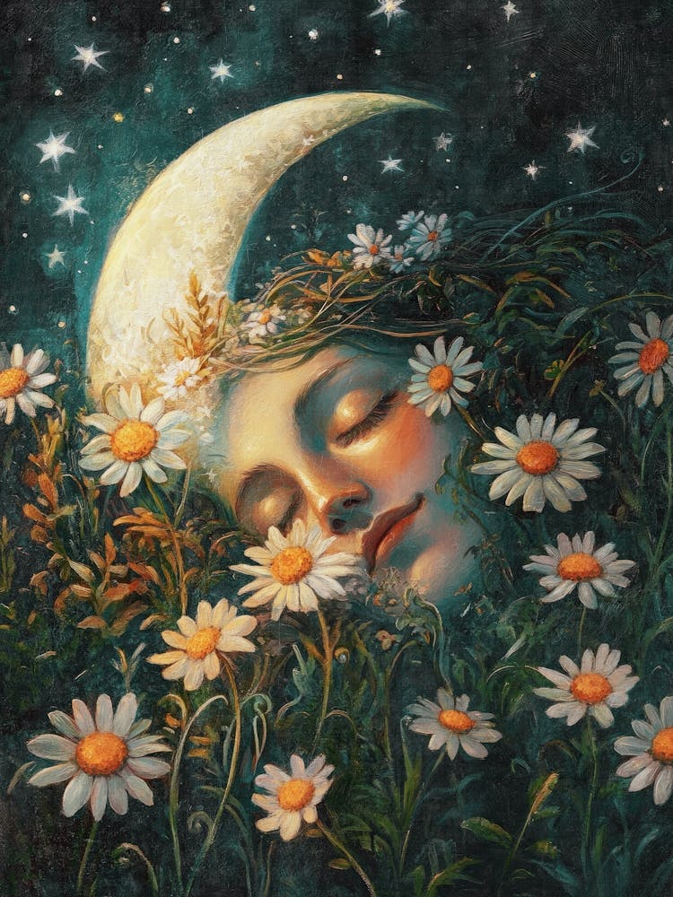 Dreamy forest with moon, daisies and a sleeping woman, mystical and serene painting in the style of art nouveau and celestial surrealism – ideal for boho bedrooms, spiritual decor, or woodland themed room decor