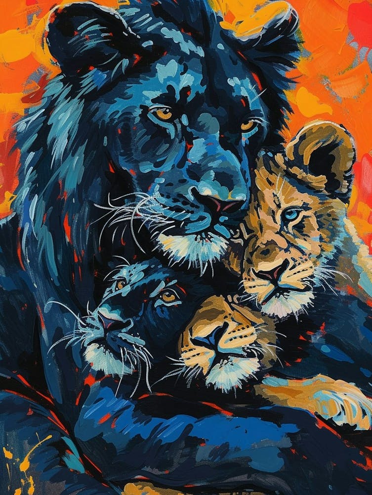 Black Lion Family Bonding Fauvist Painting 3