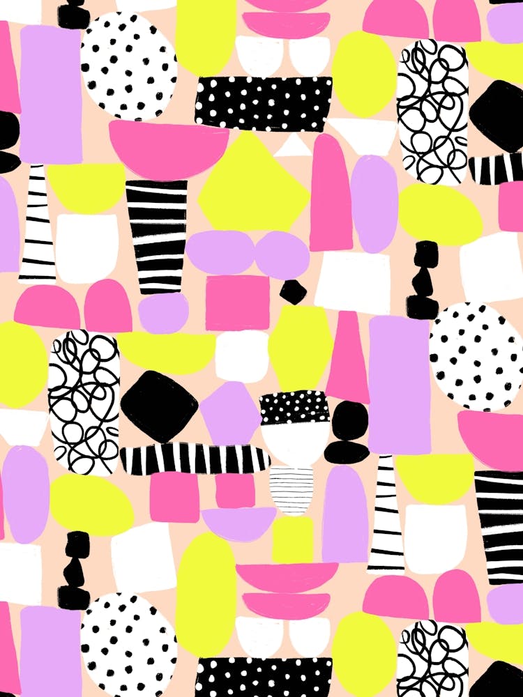 Purple, Pink, Yellow, Peach Paper Cut Out and Doodle Mod Art Collage