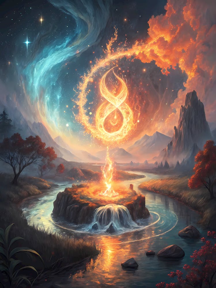 Oil Painting Style Cosmic Unity Fantasy Landscape with Infinity Symbol