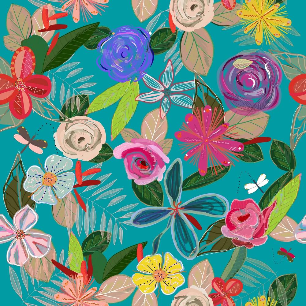 Vivid Colorful Botanical Flowers Pattern With Turquoise Background Square