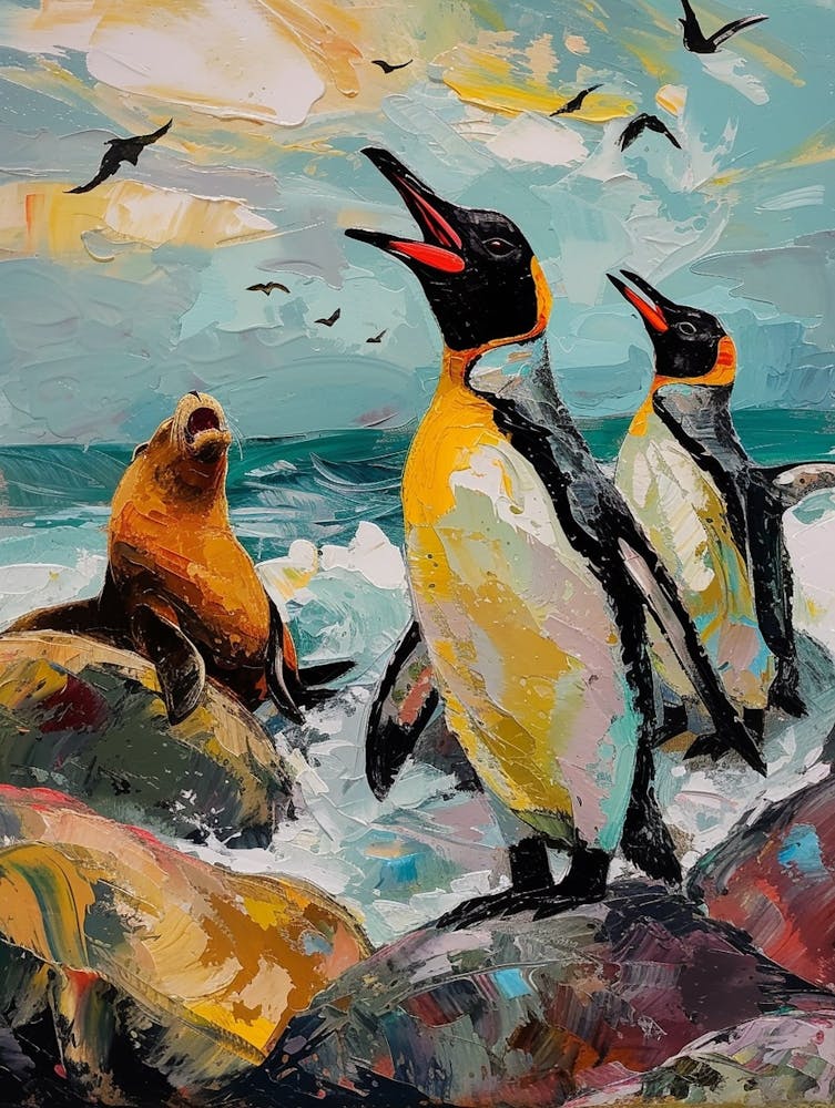 King Penguin Sea Lion Island Colour Block Painting 4