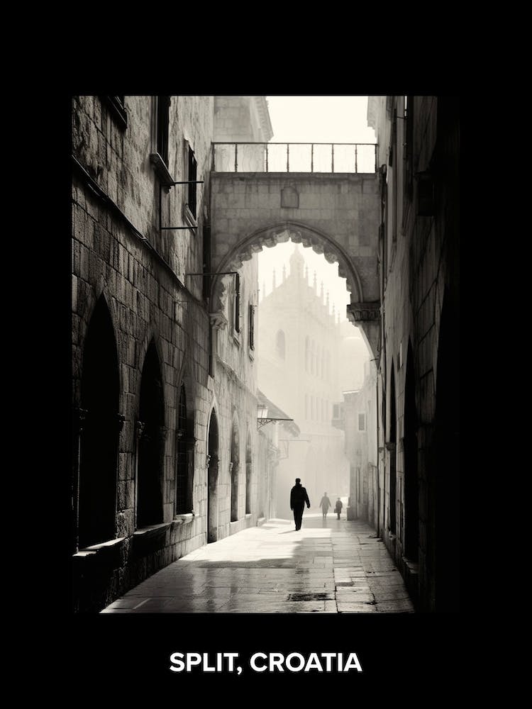 Poster Of Split, Croatia, Mediterranean Black And White Photography Analogue 1