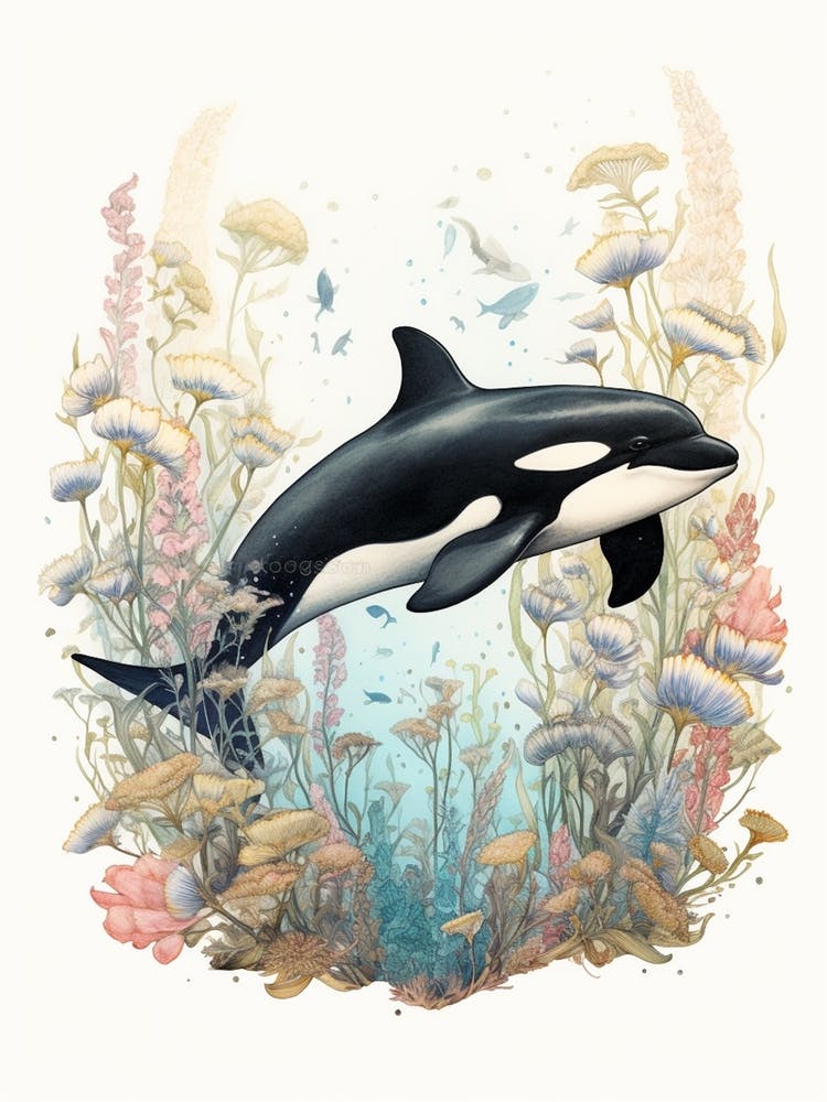 Orca Whale And Flowers 1