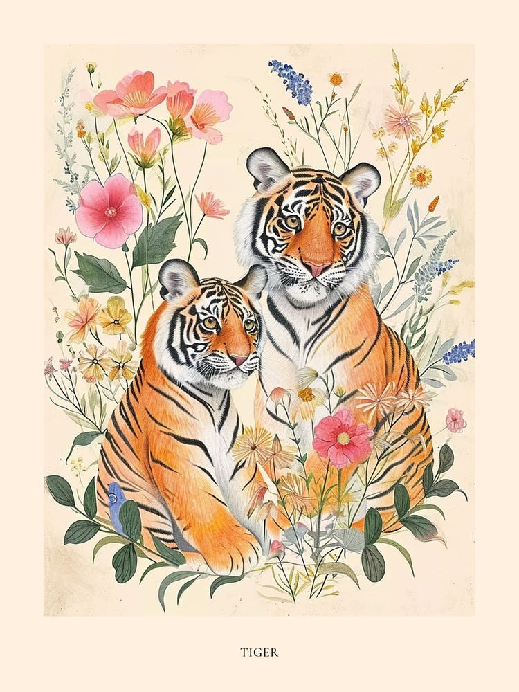 Folksy Floral Animal Drawing Tiger 10 Poster