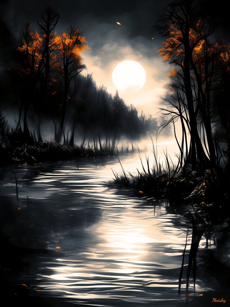 Moonlit Marshland – Monochrome Nocturnal Serenity Poster