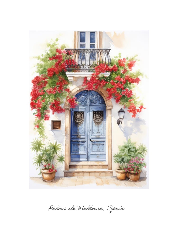 Palma De Mallorca, Spain   Mediterranean Doors Watercolour Painting 1 Poster